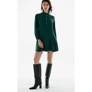 CLEARANCE Zara‎ Dark Green Long Sleeve Dress Size S Mock Neck Buttons Drop Hem